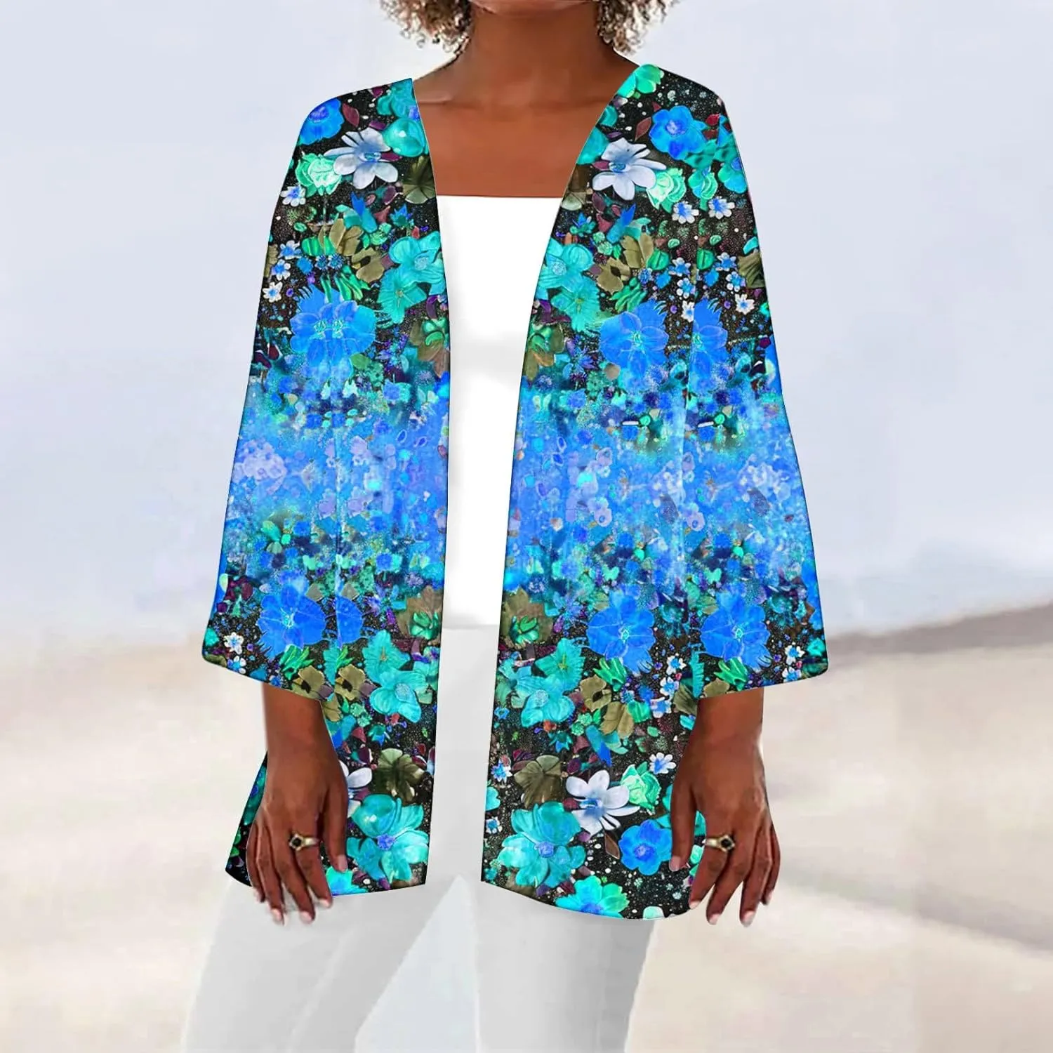 Women's Kimono Cardigan Floral Print Beach Cover Ups 3/4 Sleeve Boho Casual Open Front Tops Hawaii Vacation Outfits