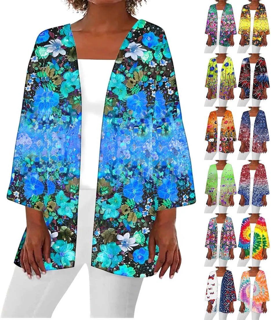 Women's Kimono Cardigan Floral Print Beach Cover Ups 3/4 Sleeve Boho Casual Open Front Tops Hawaii Vacation Outfits