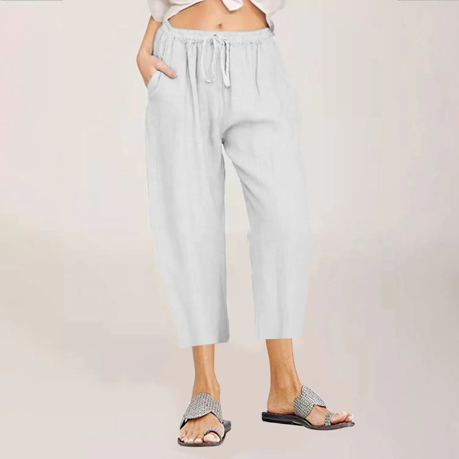 Womens Linen Capri Pants Dressy Casual Summer Wide Leg Capris Resort Wear Beach Vacation Lounge Trousers Pants