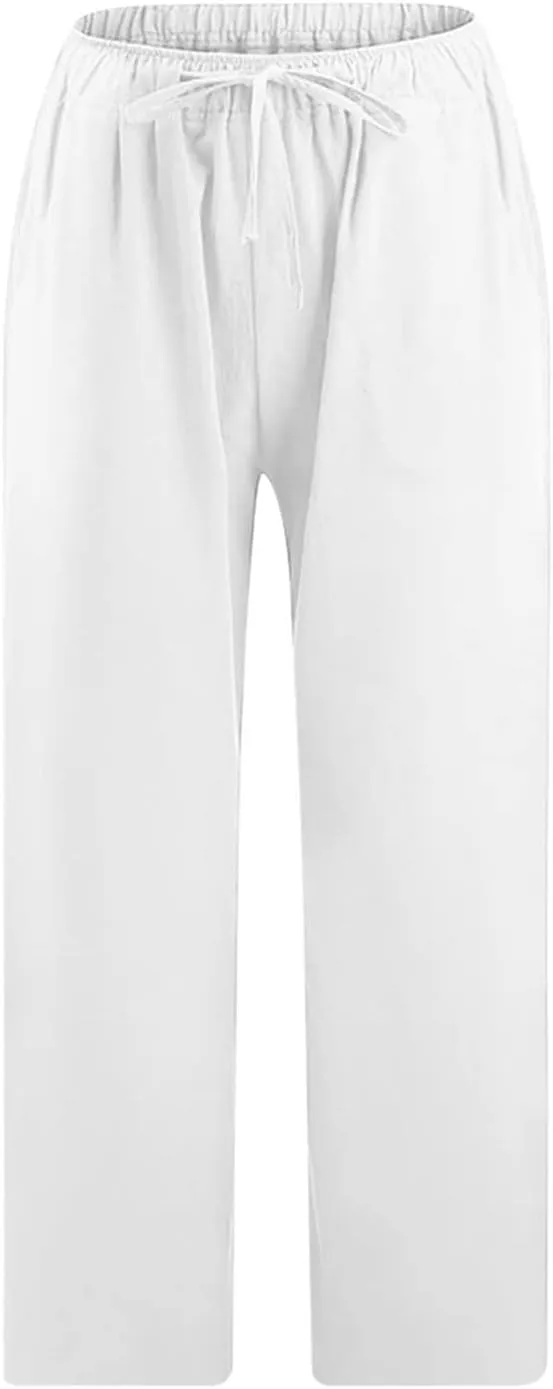 Womens Linen Capri Pants Dressy Casual Summer Wide Leg Capris Resort Wear Beach Vacation Lounge Trousers Pants