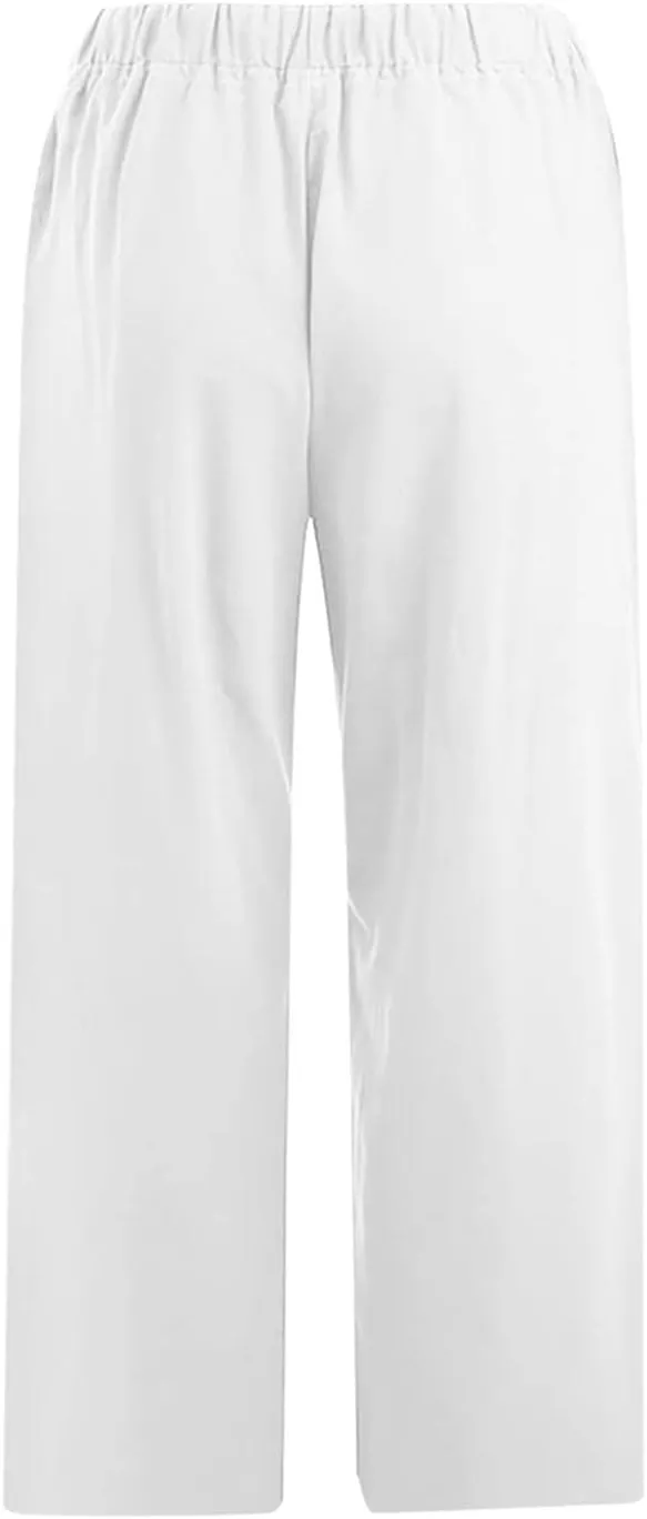 Womens Linen Capri Pants Dressy Casual Summer Wide Leg Capris Resort Wear Beach Vacation Lounge Trousers Pants