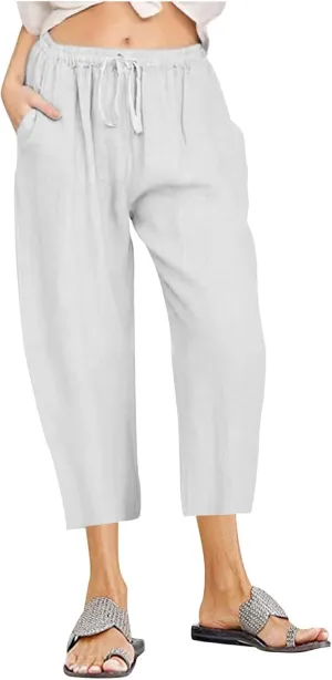 Womens Linen Capri Pants Dressy Casual Summer Wide Leg Capris Resort Wear Beach Vacation Lounge Trousers Pants