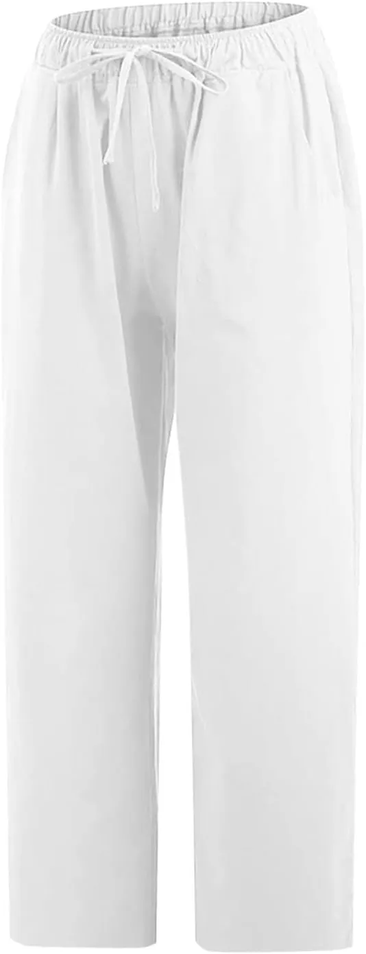 Womens Linen Capri Pants Dressy Casual Summer Wide Leg Capris Resort Wear Beach Vacation Lounge Trousers Pants