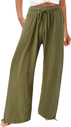 Women's Linen Palazzo Lounge Pants, Wide Leg Pants, Casual Baggy Drawstring Palazzo Trousers Pants Resort Wear