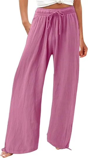 Women's Linen Palazzo Lounge Pants, Wide Leg Pants, Casual Baggy Drawstring Palazzo Trousers Pants Resort Wear