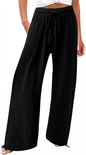 Women's Linen Palazzo Lounge Pants, Wide Leg Pants, Casual Baggy Drawstring Palazzo Trousers Pants Resort Wear