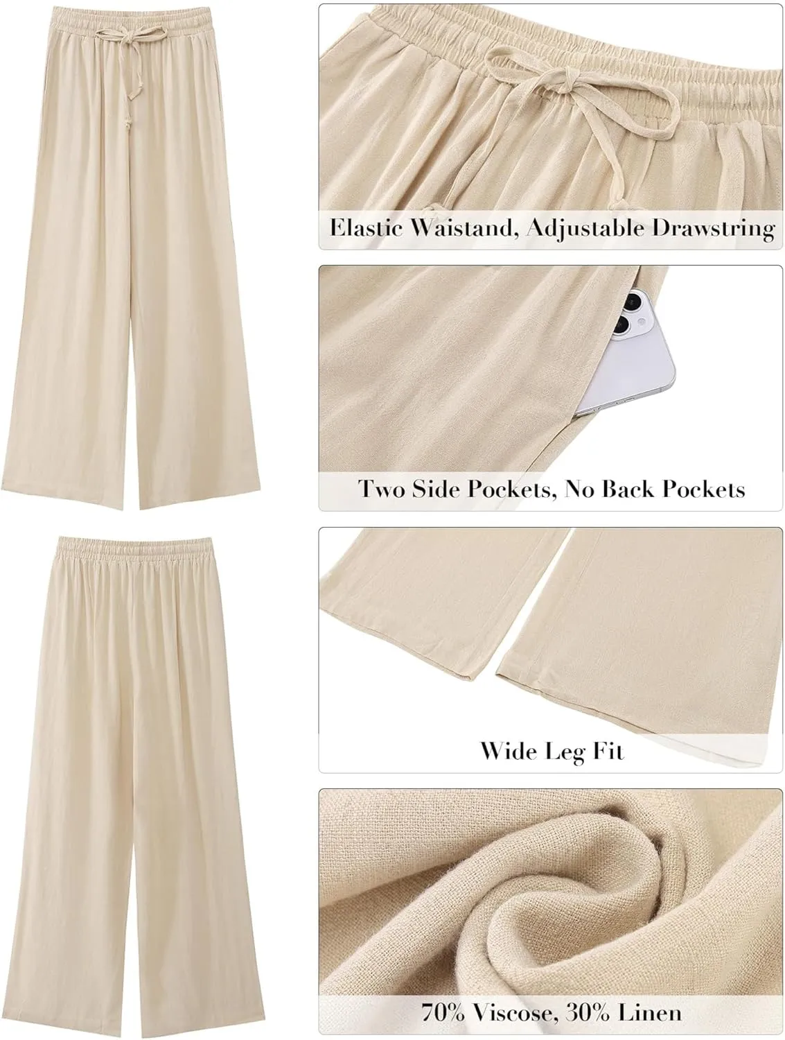 Women's Linen Palazzo Lounge Pants, Wide Leg Pants, Casual Baggy Drawstring Palazzo Trousers Pants Resort Wear