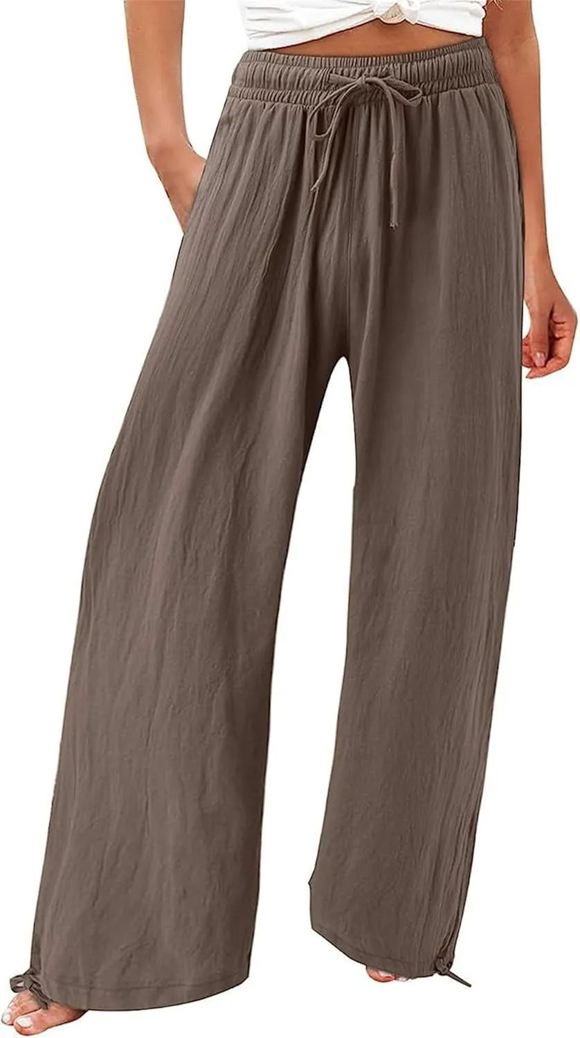 Women's Linen Palazzo Lounge Pants, Wide Leg Pants, Casual Baggy Drawstring Palazzo Trousers Pants Resort Wear