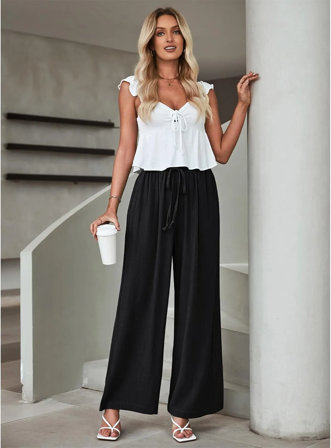Women's Linen Palazzo Lounge Pants, Wide Leg Pants, Casual Baggy Drawstring Palazzo Trousers Pants Resort Wear