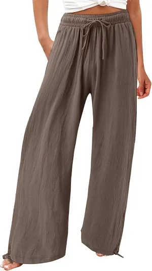 Women's Linen Palazzo Lounge Pants, Wide Leg Pants, Casual Baggy Drawstring Palazzo Trousers Pants Resort Wear