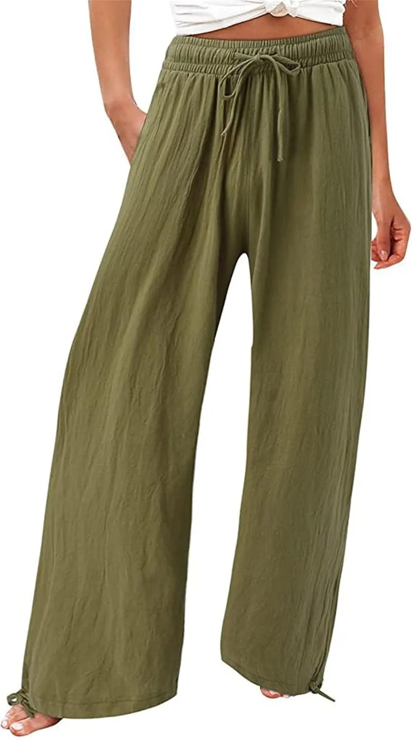 Women's Linen Palazzo Lounge Pants, Wide Leg Pants, Casual Baggy Drawstring Palazzo Trousers Pants Resort Wear