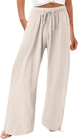 Women's Linen Palazzo Lounge Pants, Wide Leg Pants, Casual Baggy Drawstring Palazzo Trousers Pants Resort Wear