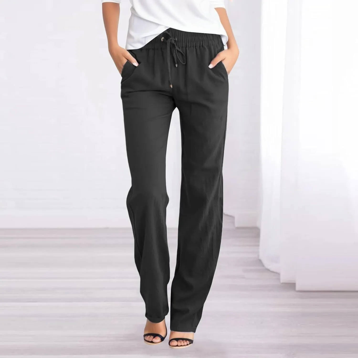 Women's Linen Summer Baggy Pants Elastic Waist Long Lounge Slim-Fit Trousers Trendy