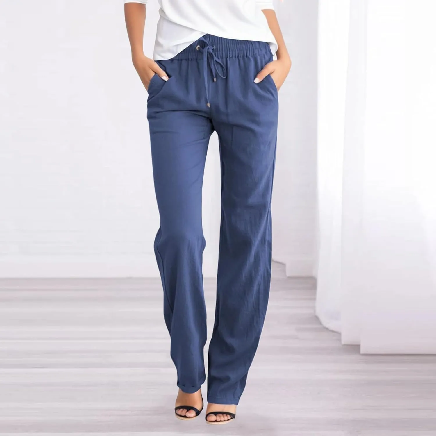 Women's Linen Summer Baggy Pants Elastic Waist Long Lounge Slim-Fit Trousers Trendy