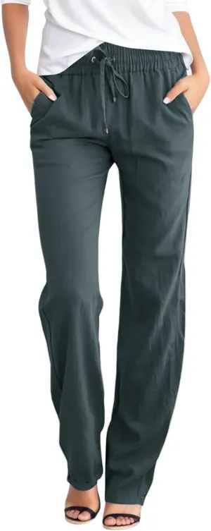 Women's Linen Summer Baggy Pants Elastic Waist Long Lounge Slim-Fit Trousers Trendy