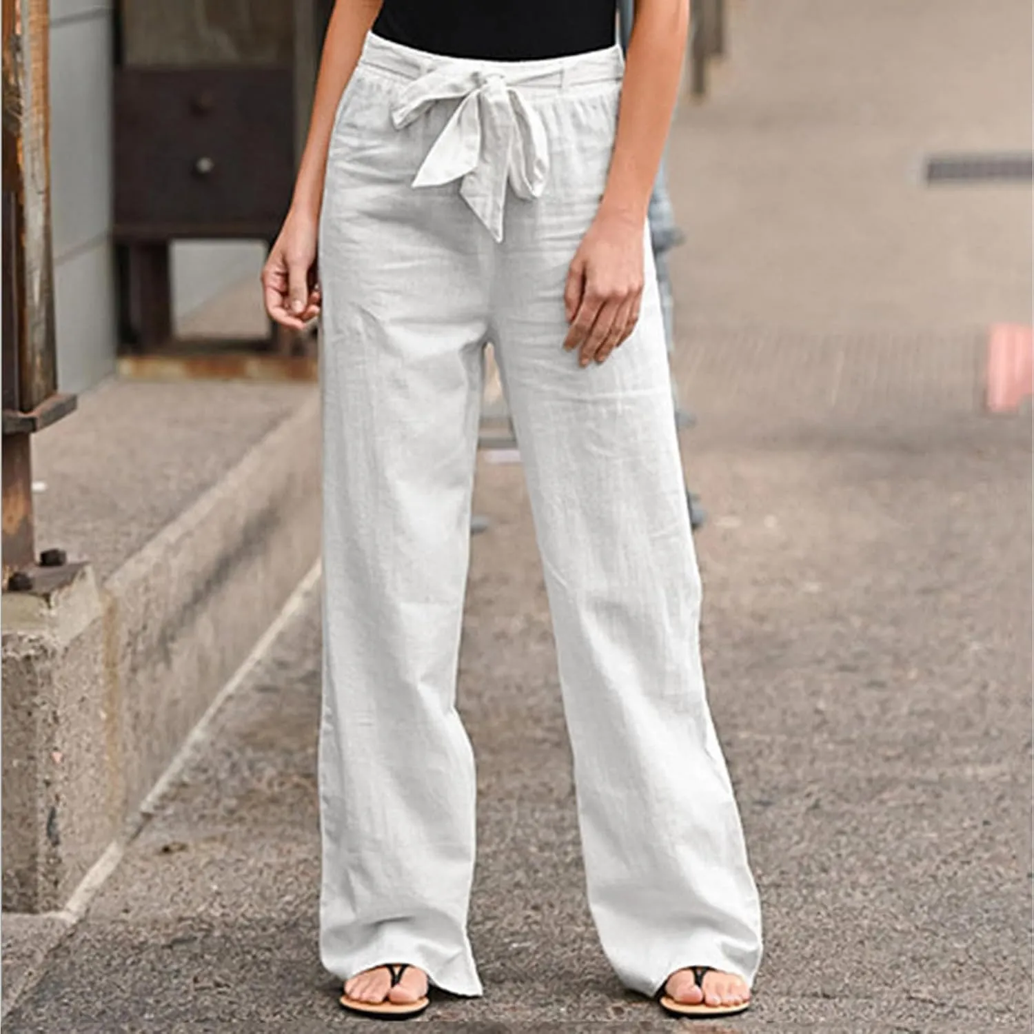 Women's Linen Summer Baggy Pants Elastic Waist Long Lounge Slim-Fit Trousers Trendy