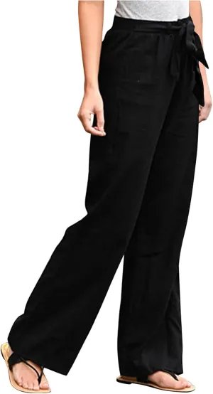 Women's Linen Summer Baggy Pants Elastic Waist Long Lounge Slim-Fit Trousers Trendy
