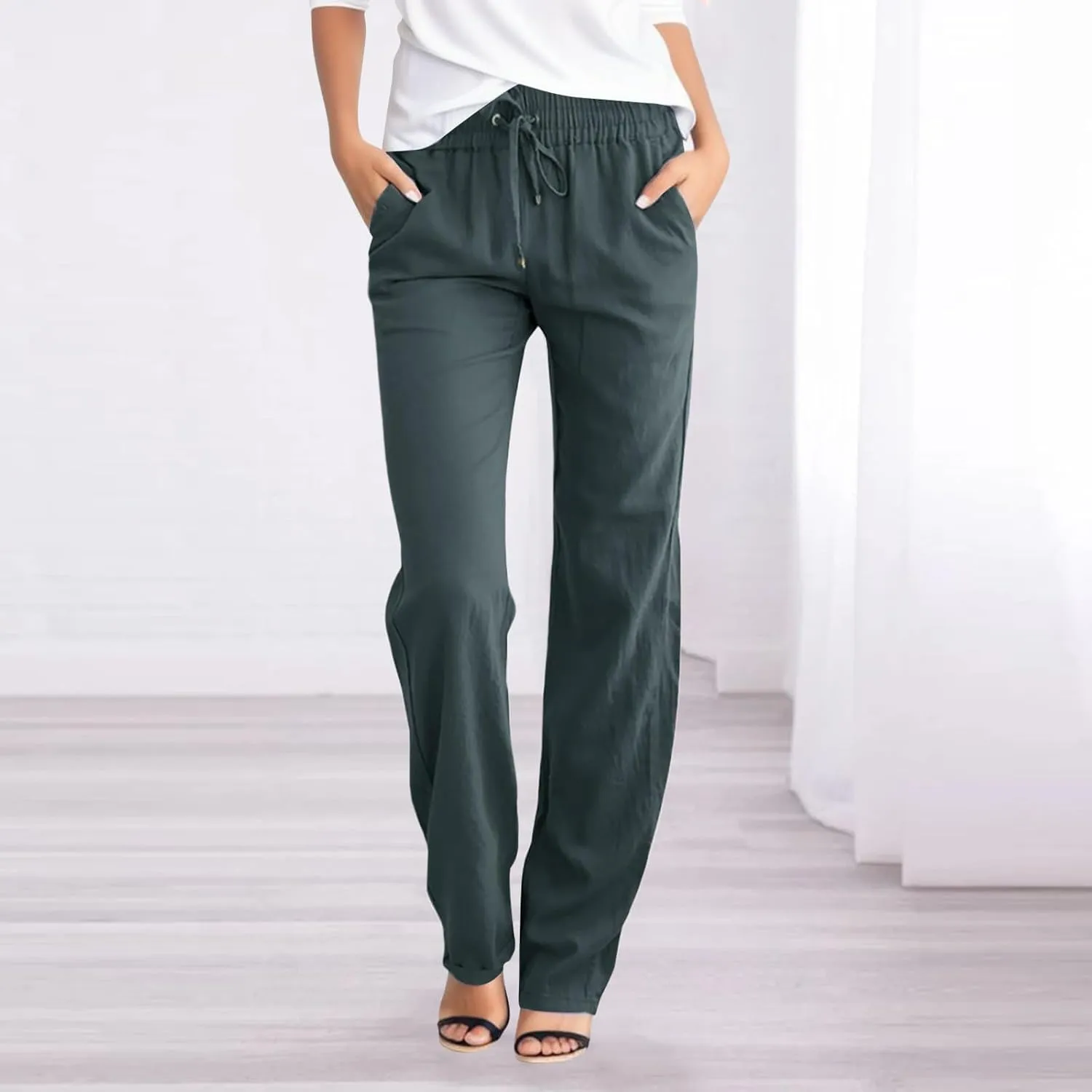 Women's Linen Summer Baggy Pants Elastic Waist Long Lounge Slim-Fit Trousers Trendy