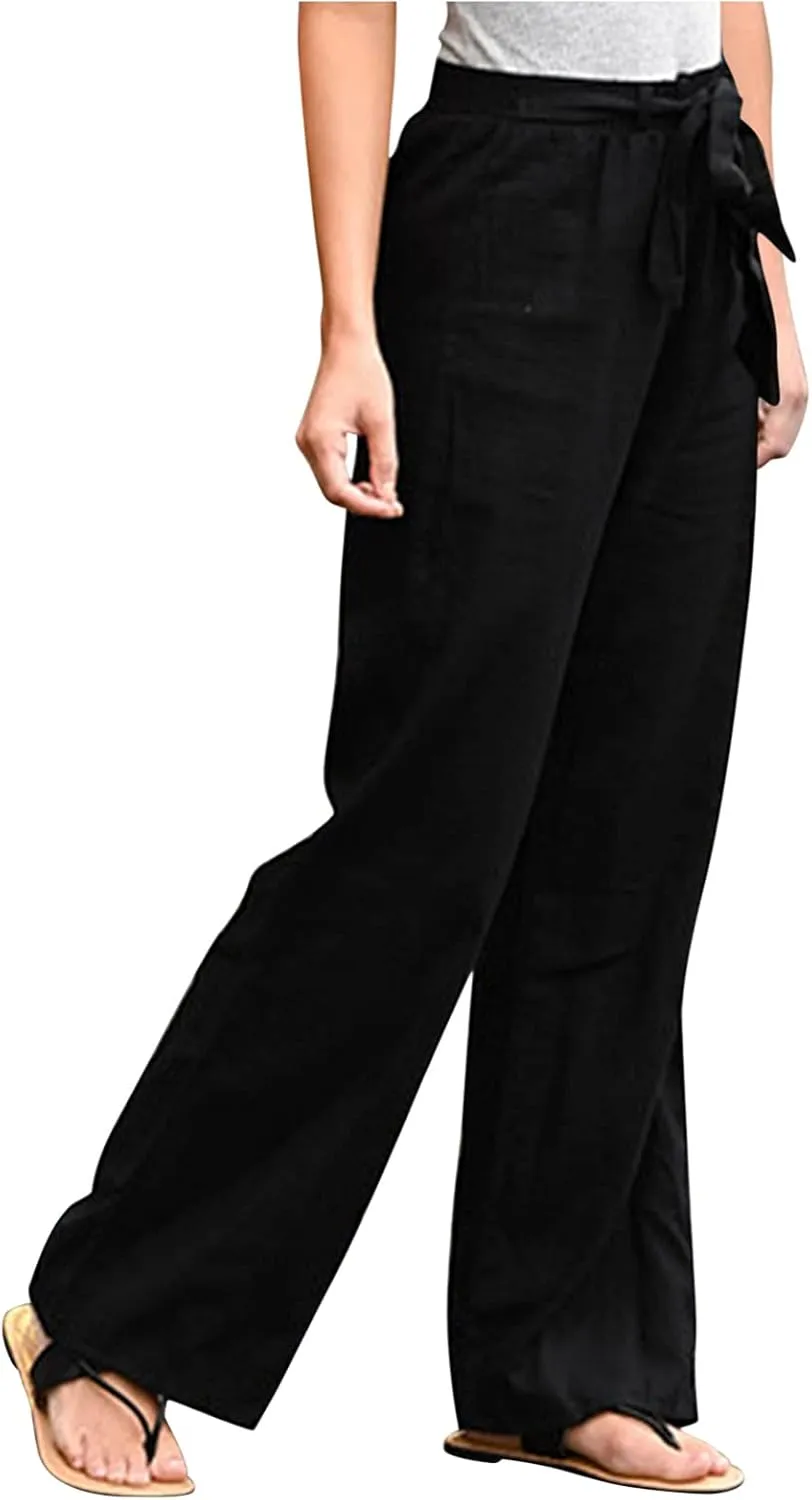 Women's Linen Summer Baggy Pants Elastic Waist Long Lounge Slim-Fit Trousers Trendy