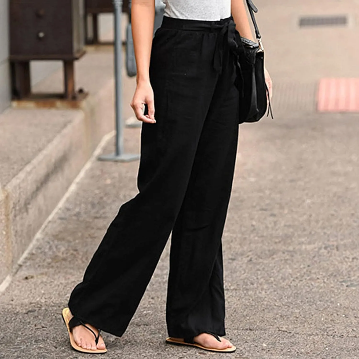 Women's Linen Summer Baggy Pants Elastic Waist Long Lounge Slim-Fit Trousers Trendy