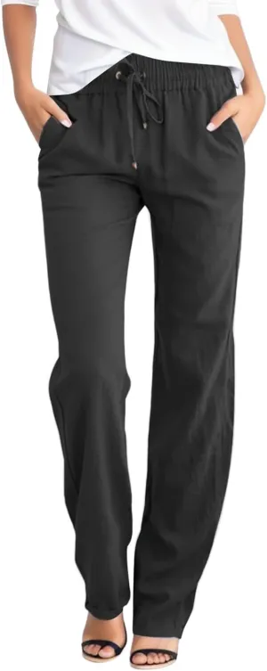 Women's Linen Summer Baggy Pants Elastic Waist Long Lounge Slim-Fit Trousers Trendy