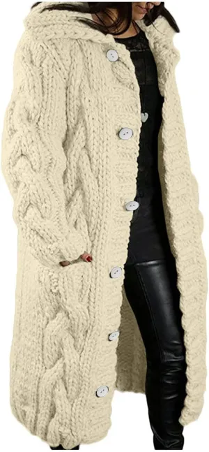 Womens Long Sleeve Cable Knit Long Cardigan, Open Front Button Hooded Sweater Outerwear with Pocket