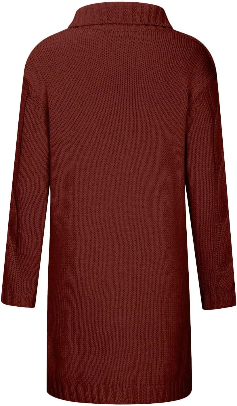 Womens Long Sleeve Cable Knit Long Cardigan, Open Front Button Hooded Sweater Outerwear with Pocket