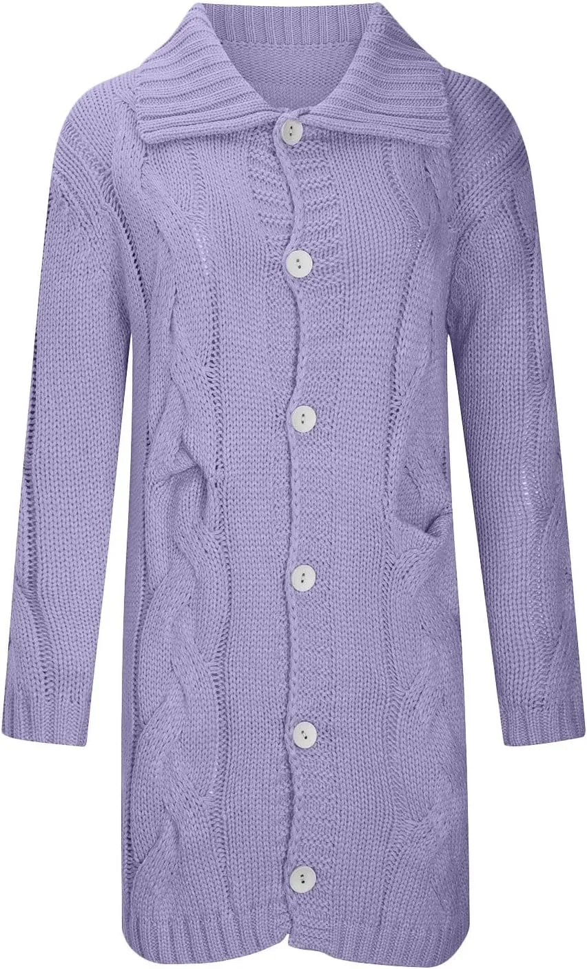 Womens Long Sleeve Cable Knit Long Cardigan, Open Front Button Hooded Sweater Outerwear with Pocket