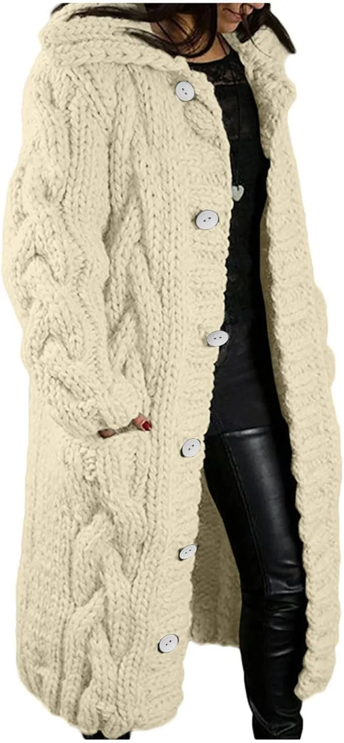 Womens Long Sleeve Cable Knit Long Cardigan, Open Front Button Hooded Sweater Outerwear with Pocket