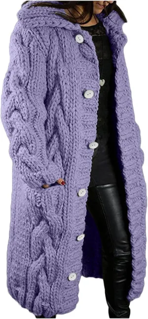 Womens Long Sleeve Cable Knit Long Cardigan, Open Front Button Hooded Sweater Outerwear with Pocket