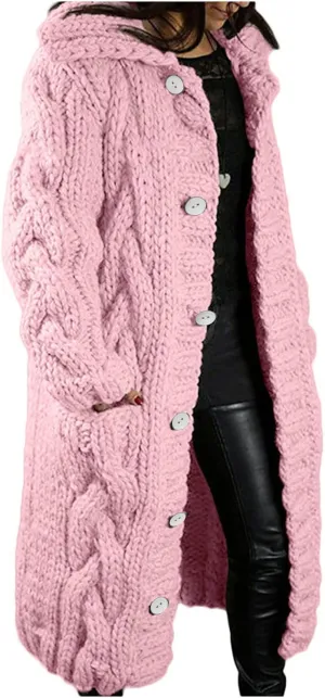 Womens Long Sleeve Cable Knit Long Cardigan, Open Front Button Hooded Sweater Outerwear with Pocket