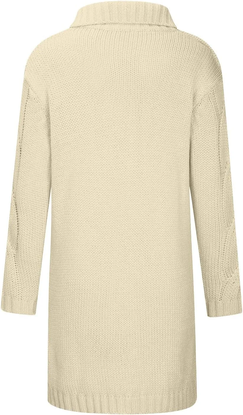 Womens Long Sleeve Cable Knit Long Cardigan, Open Front Button Hooded Sweater Outerwear with Pocket