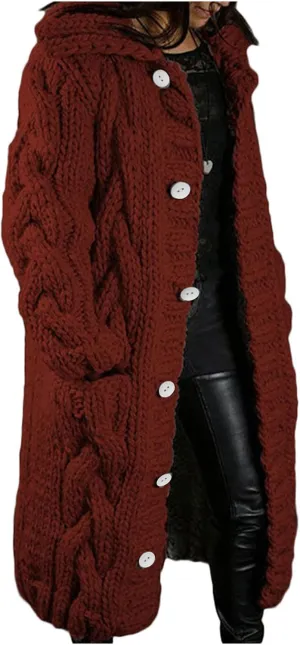 Womens Long Sleeve Cable Knit Long Cardigan, Open Front Button Hooded Sweater Outerwear with Pocket