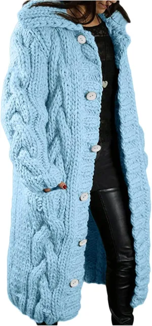 Womens Long Sleeve Cable Knit Long Cardigan, Open Front Button Hooded Sweater Outerwear with Pocket