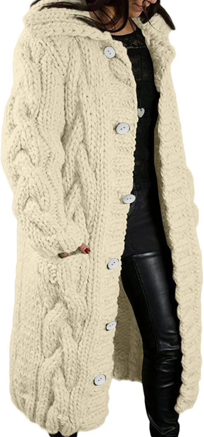 Womens Long Sleeve Cable Knit Long Cardigan, Open Front Button Hooded Sweater Outerwear with Pocket