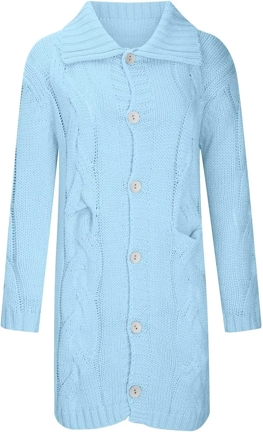 Womens Long Sleeve Cable Knit Long Cardigan, Open Front Button Hooded Sweater Outerwear with Pocket