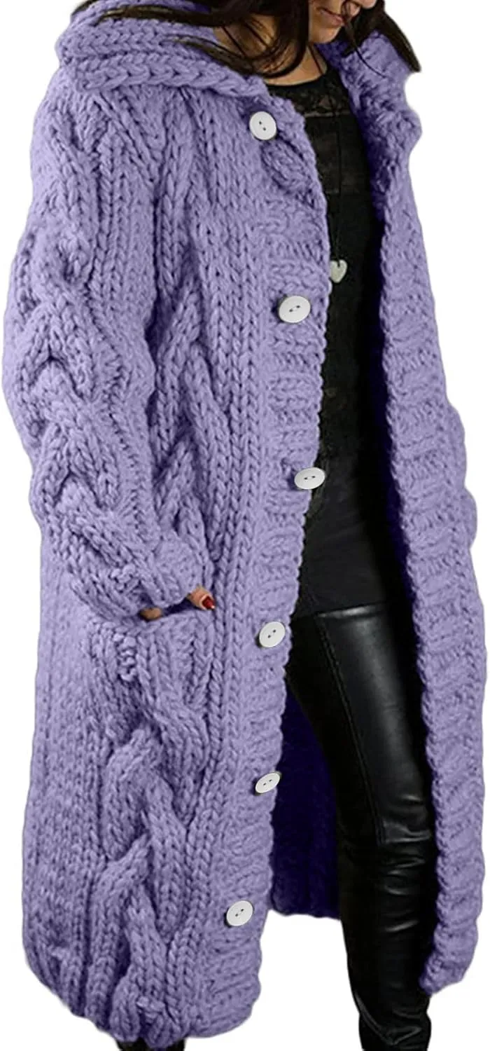 Womens Long Sleeve Cable Knit Long Cardigan, Open Front Button Hooded Sweater Outerwear with Pocket