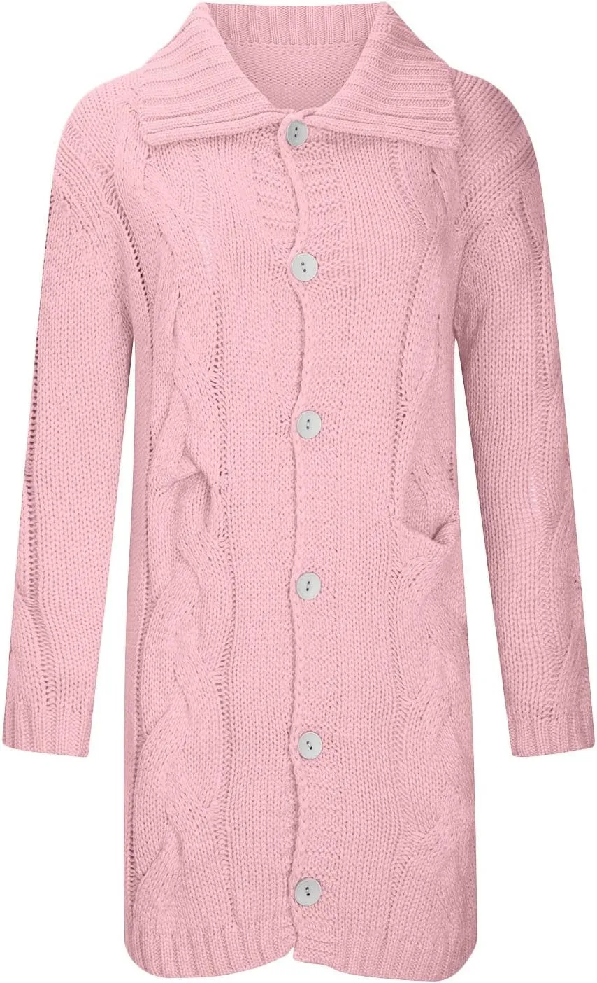 Womens Long Sleeve Cable Knit Long Cardigan, Open Front Button Hooded Sweater Outerwear with Pocket