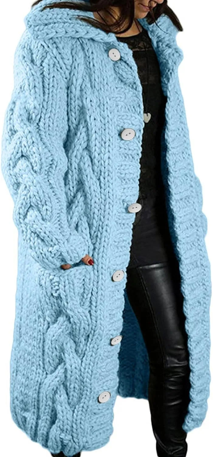 Womens Long Sleeve Cable Knit Long Cardigan, Open Front Button Hooded Sweater Outerwear with Pocket