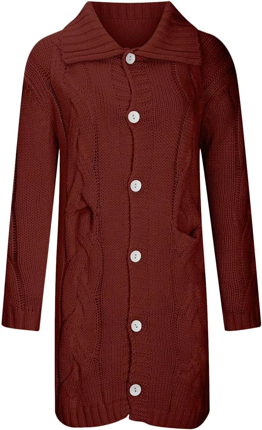 Womens Long Sleeve Cable Knit Long Cardigan, Open Front Button Hooded Sweater Outerwear with Pocket