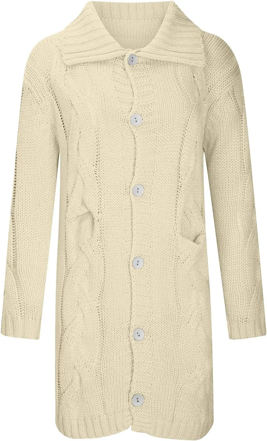 Womens Long Sleeve Cable Knit Long Cardigan, Open Front Button Hooded Sweater Outerwear with Pocket