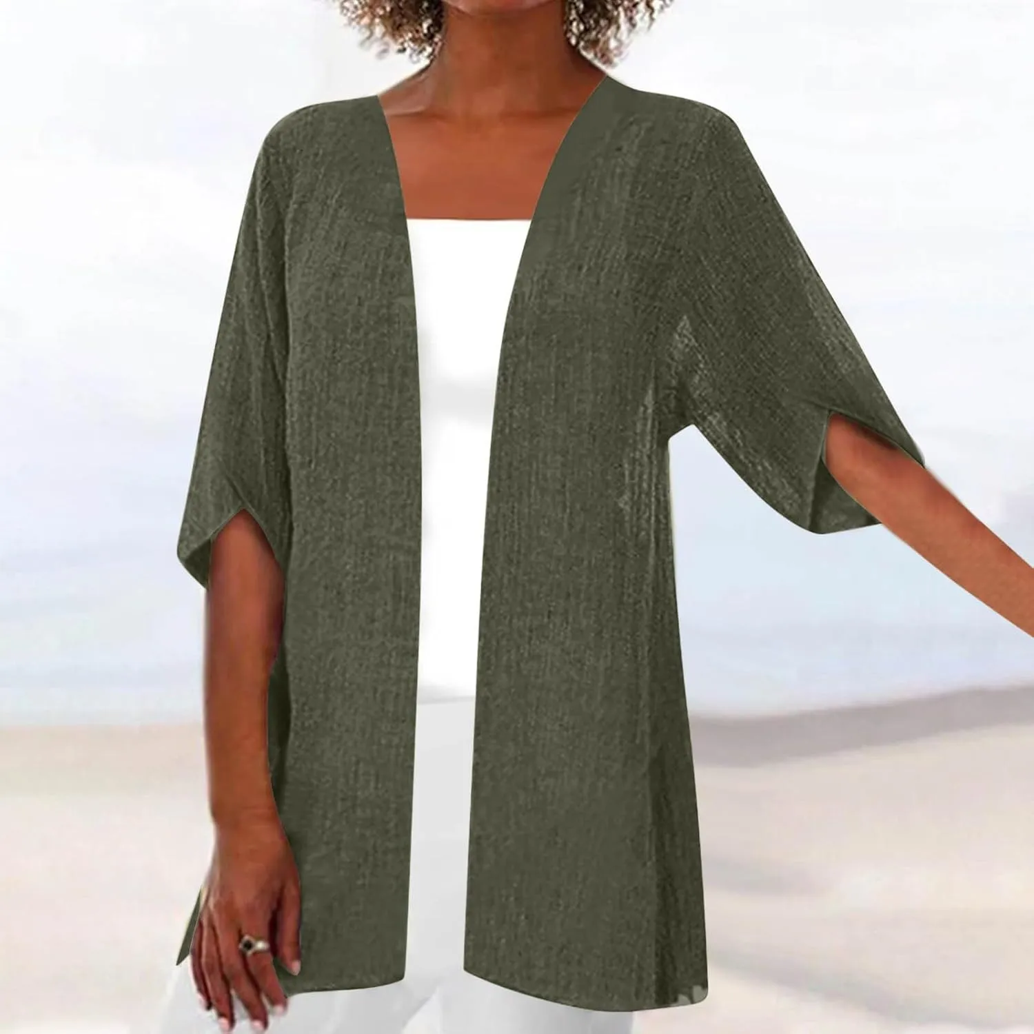Womens Plus Size Cardigans Lightweight Cotton Solid Color Beach Vacation Long Cardigan Kimono Short Sleeve Cover Ups