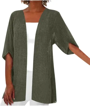 Womens Plus Size Cardigans Lightweight Cotton Solid Color Beach Vacation Long Cardigan Kimono Short Sleeve Cover Ups