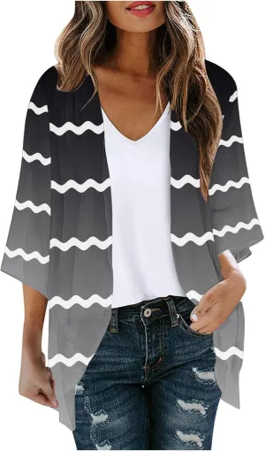 Women's Striped Gradient Print 3/4 Sleeve Kimono Cardigan Summer Loose Fit Beach Swimwear Cover Up Casual Blouse Tops