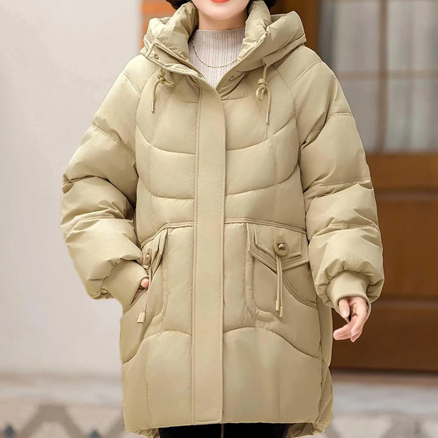 Women's Windproof Quilted Puffer Jackets Winter Warm Padded Down Coats Plus Size Drawstring Hooded Jacket with Pocket