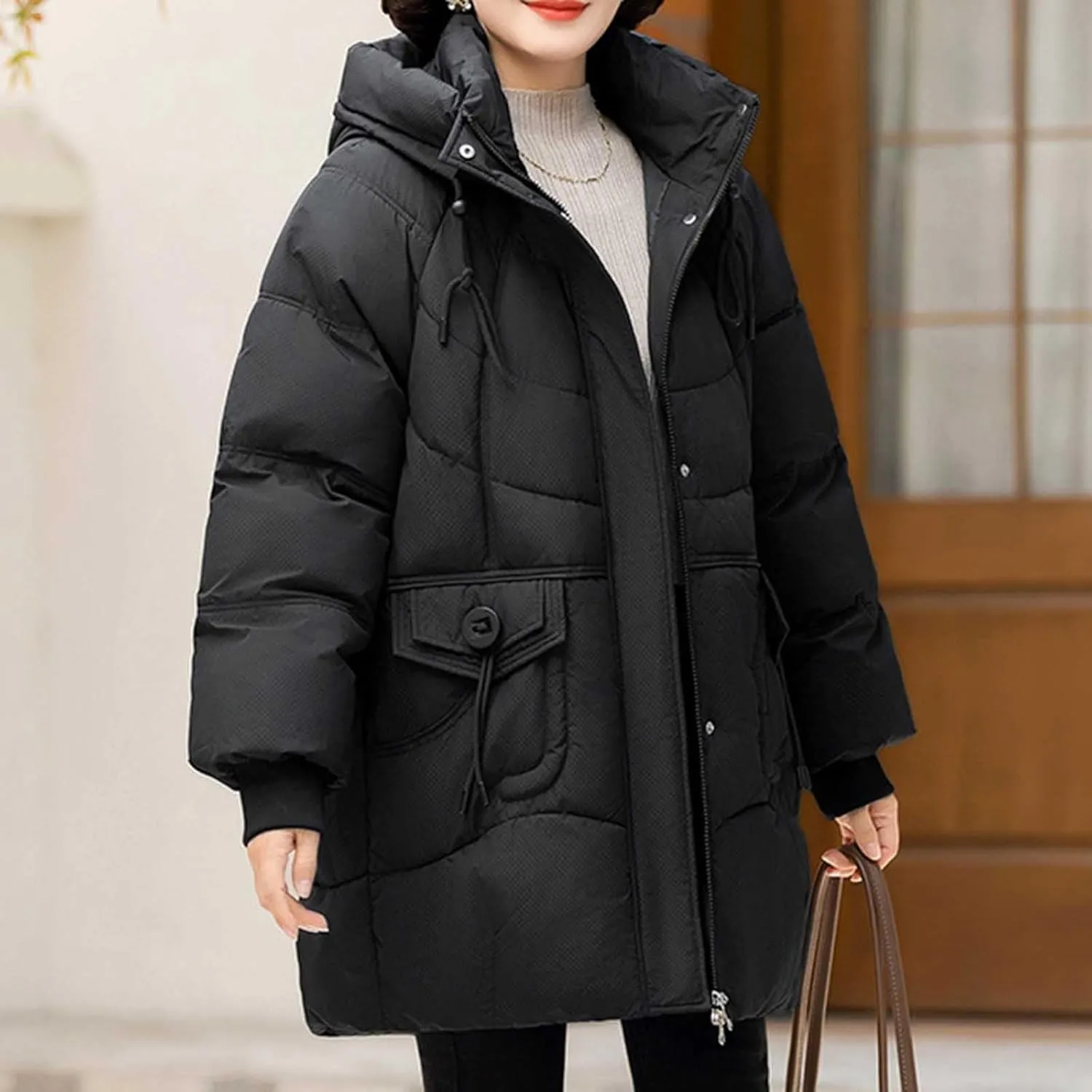 Women's Windproof Quilted Puffer Jackets Winter Warm Padded Down Coats Plus Size Drawstring Hooded Jacket with Pocket