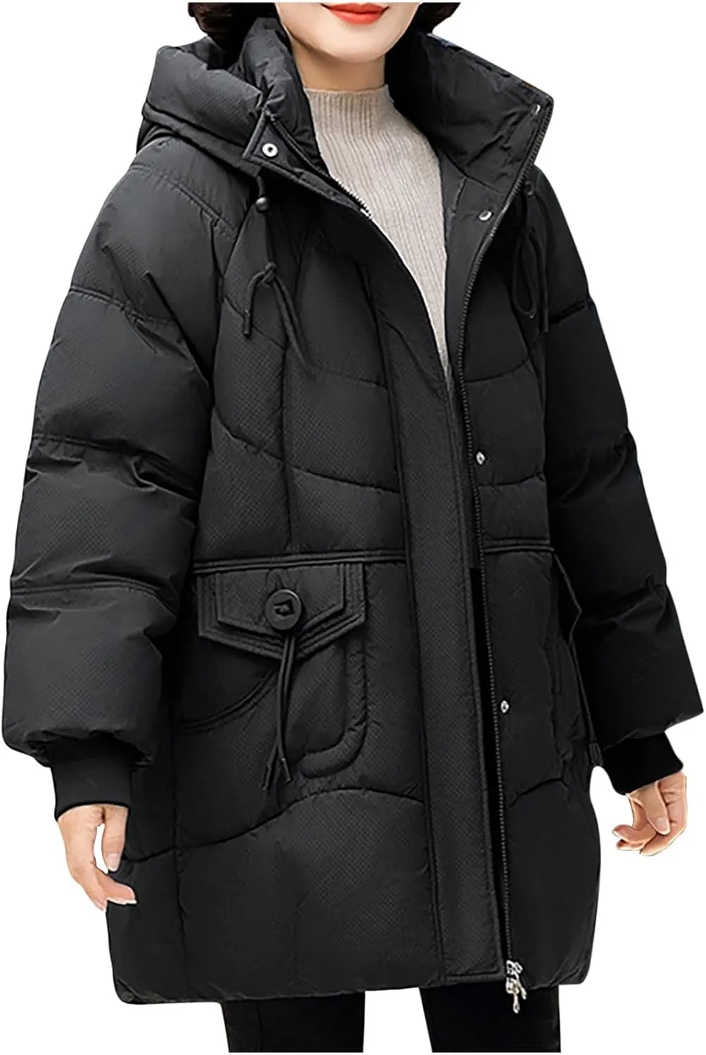 Women's Windproof Quilted Puffer Jackets Winter Warm Padded Down Coats Plus Size Drawstring Hooded Jacket with Pocket