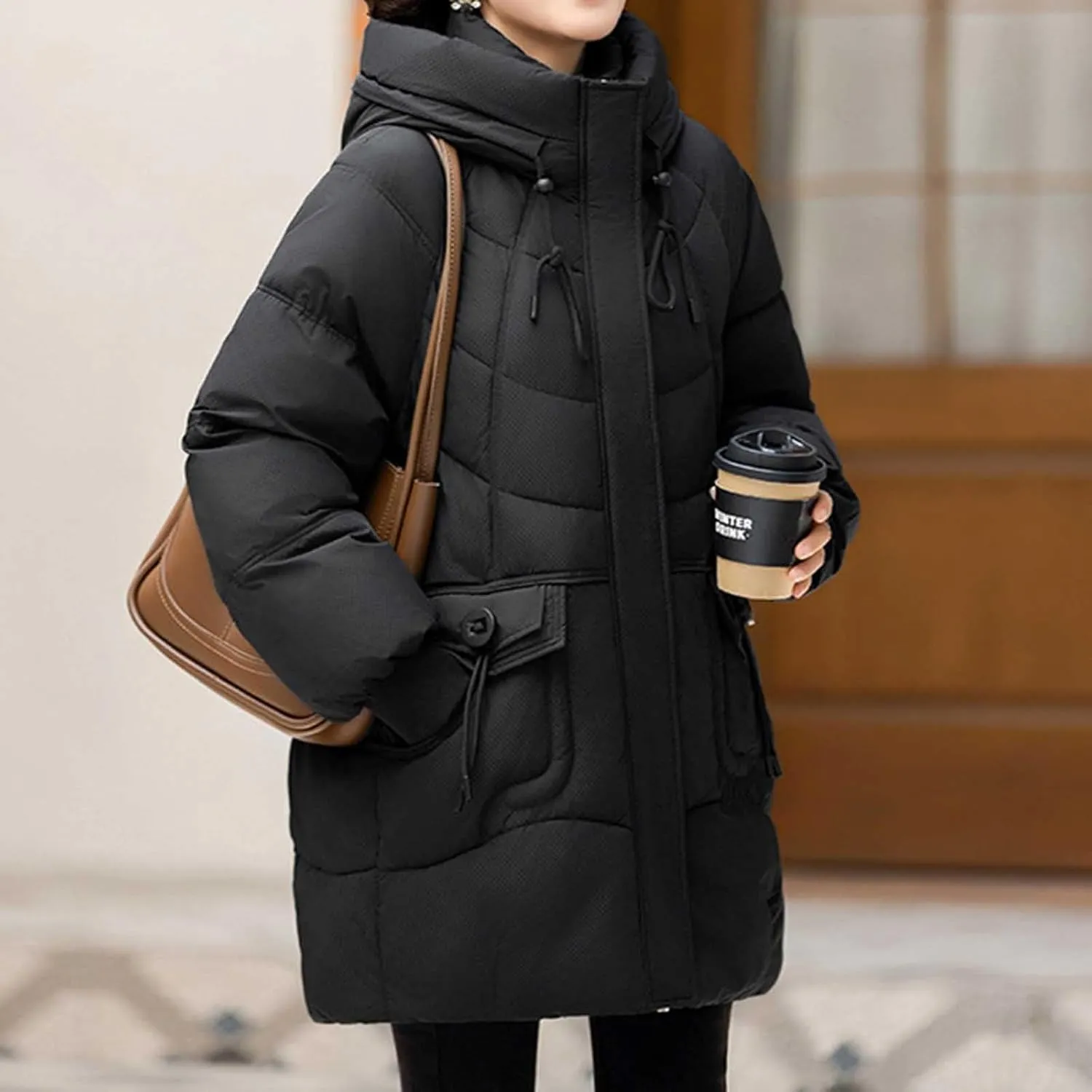 Women's Windproof Quilted Puffer Jackets Winter Warm Padded Down Coats Plus Size Drawstring Hooded Jacket with Pocket