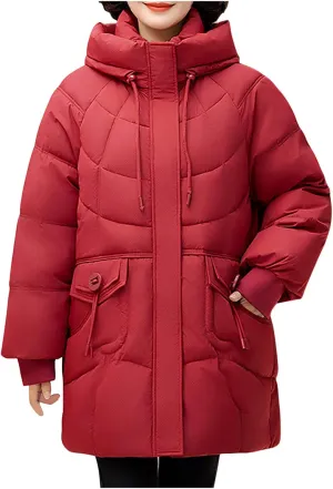 Women's Windproof Quilted Puffer Jackets Winter Warm Padded Down Coats Plus Size Drawstring Hooded Jacket with Pocket