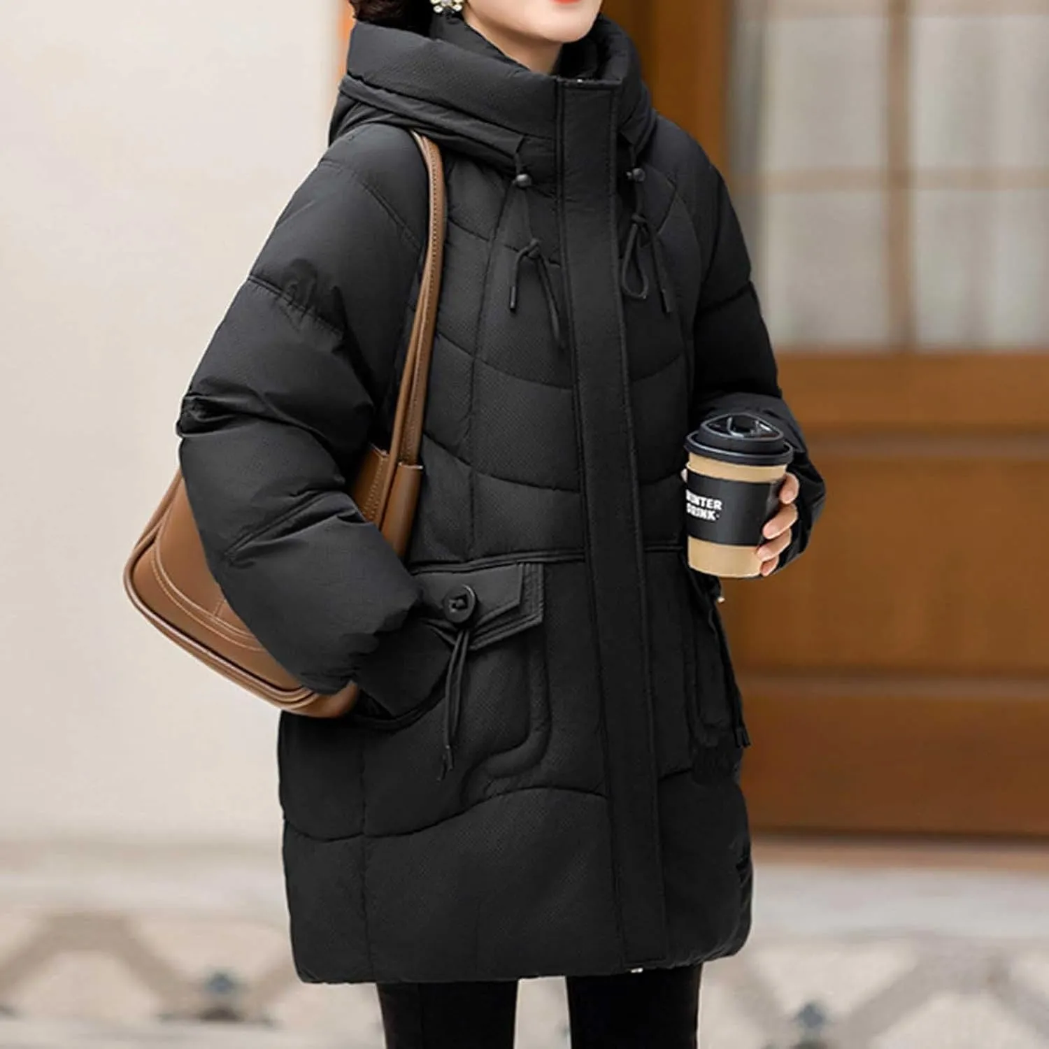 Women's Windproof Quilted Puffer Jackets Winter Warm Padded Down Coats Plus Size Drawstring Hooded Jacket with Pocket